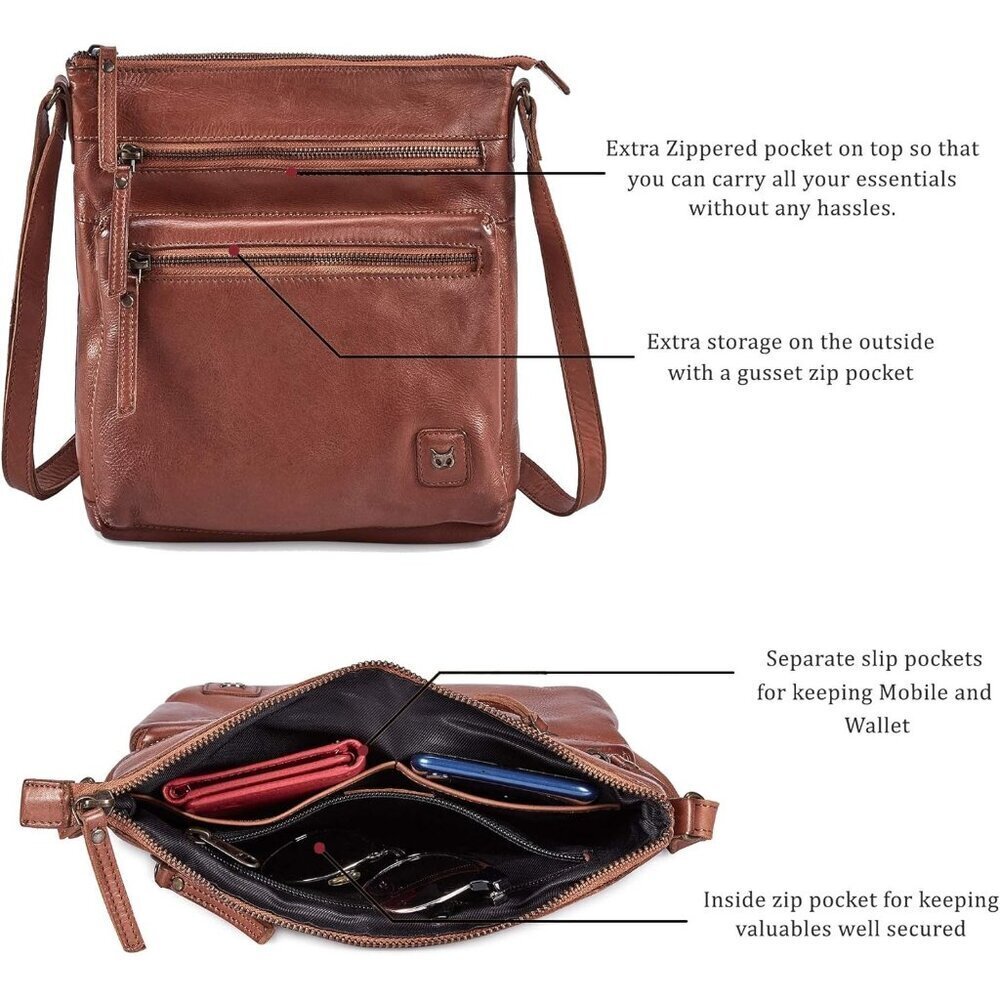 🆕Women Cognac Washed Vintage Real Leather Small Crossbody Handbag Shoulder Bag - Picture 2 of 6